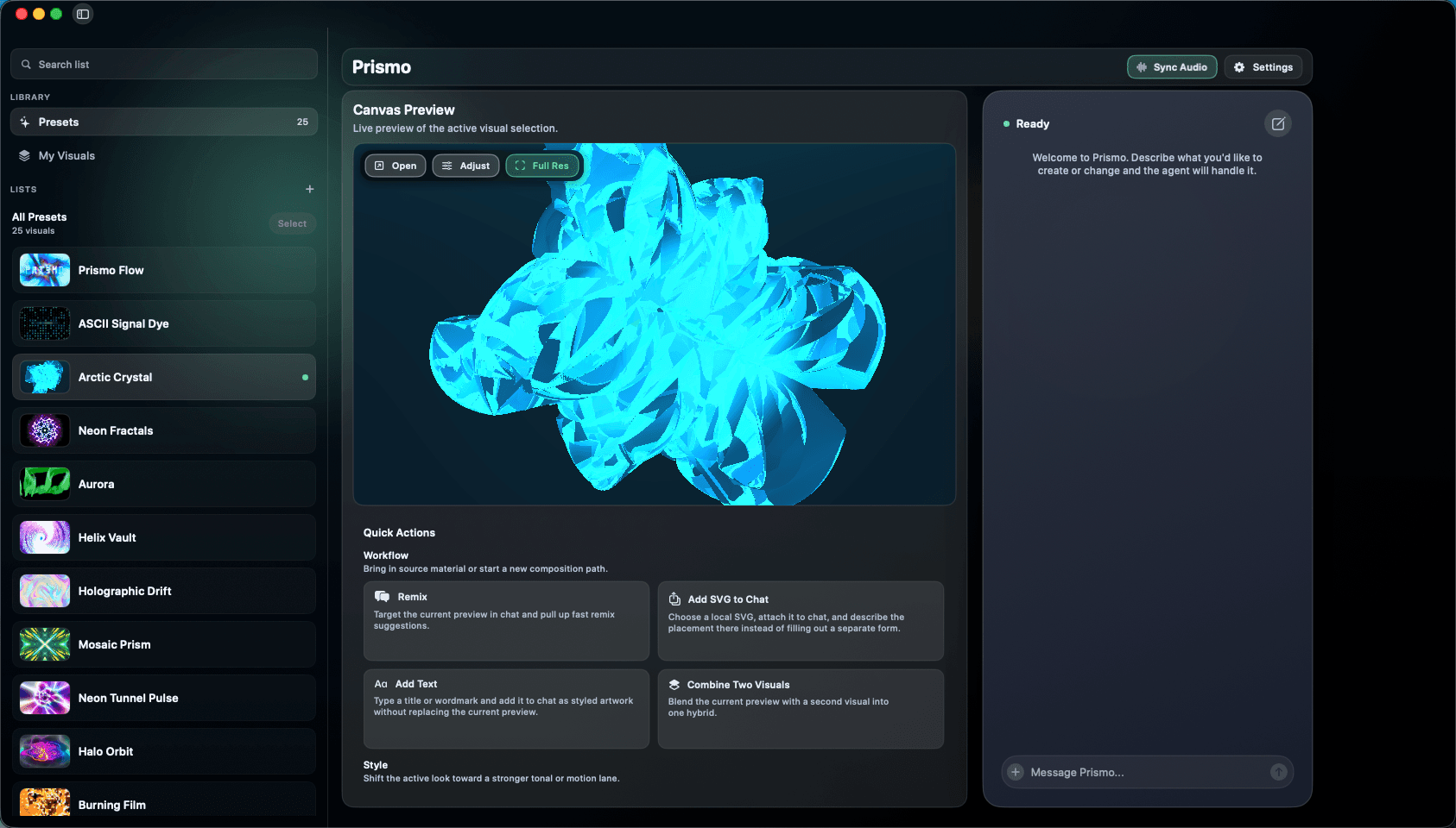 Current Prismo macOS window showing the preset list, canvas preview, and assistant panel.